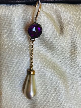 Antique Victorian Single 9 Ct Gold Amethyst & Pearl Bead Drop Earring