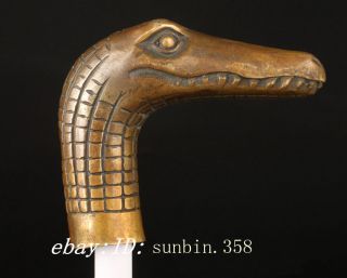 Fierce Chinese Old Bronze Hand Carved Crocodile Statue Cane Walking Stick Head