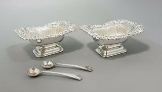 Silver Plate Georgian Rococo Style Pair 2 Large Table Salts Oblong Cellar Floral