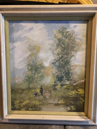 Landscape Oil Painting On Canvas By Artist E.  Aval,  Antique,  Off - White Wood Fram