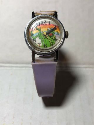 Vintage Kermit The Frog Kids Watch Timex Purple Rainbow Stainless Steel Back