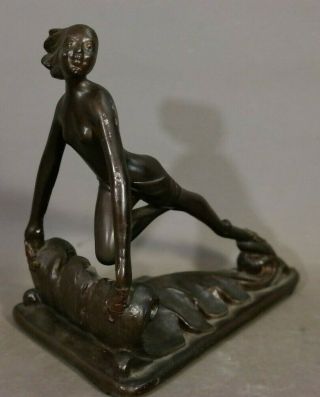 Antique Art Deco Era Bronzed Figural Nude Lady Statue Old Bookend Sculpture