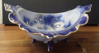 Antique La Belle China Flow Blue Footed Dish Open Fluted Serving Bowl Helmet