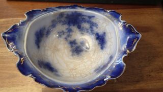 Antique La Belle China Flow Blue Footed Dish Open Fluted Serving Bowl Helmet 2