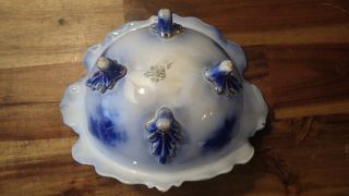 Antique La Belle China Flow Blue Footed Dish Open Fluted Serving Bowl Helmet 5