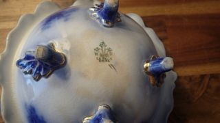 Antique La Belle China Flow Blue Footed Dish Open Fluted Serving Bowl Helmet 6
