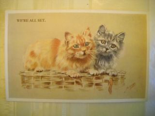2 Cats Sit On Top Of Basket Antique Postcard Lithograph Artist M.  Gear
