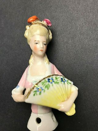 Antique Half Doll Pin Cushion Top Porcelain Lady With Fan
