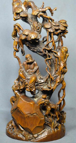 Old Collectable Handwork Boxwood Carve Buddha Ride Pine Tree Auspicious Statues