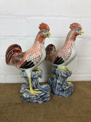 Fine Pair Chinese / Japanese Export - ware Standing Rooster Cocks Hens 12