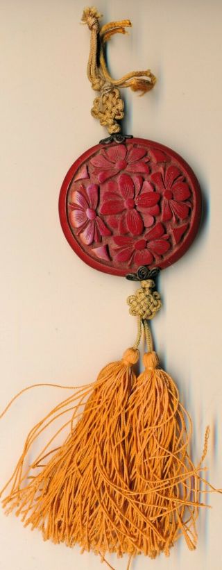 Antique Chinese Red Cinnabar Round Floral Pendant With Tassel,  Elaborate Knot