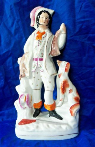 Antique Staffordshire Pottery Hunter Figurine With Dog & Rabbits Height