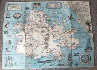Rare Fold Out Pictorial Road Map Of Antigua West Indies Caribbean Shop Adverts