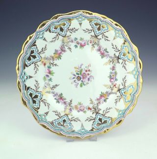 Antique English Porcelain - Painted Flowers Plate With Turquoise Glazed Borders