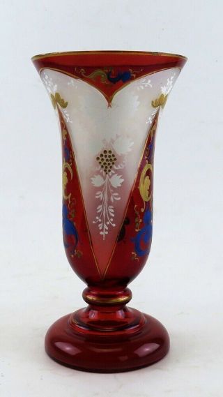 Antique 19th Century Bohemian Crystal Glass Red & White Gilded Flower Vase