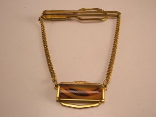 - Polished Amber Agate Cuban Link Chain Vintage Pendant Tie Bar Clip Banded