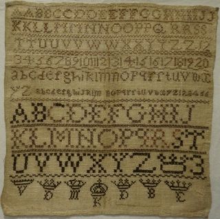 Early/mid 19th Century Alphabet & Crown Motif Sampler - C.  1840