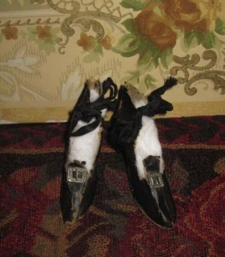 Hard To Find Antique Black Oilcloth Boudoir Doll Shoes