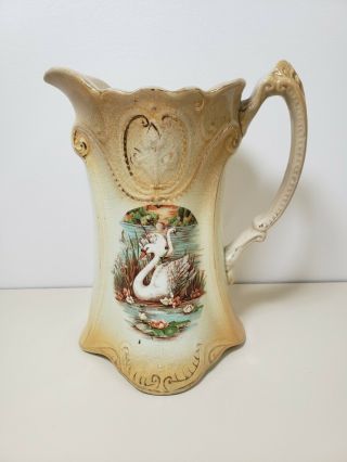 Antique Ceramic Pitcher Swan Scene