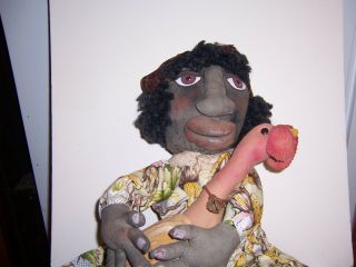 Primitive Chunky Black Doll With Her Turkey 29 "