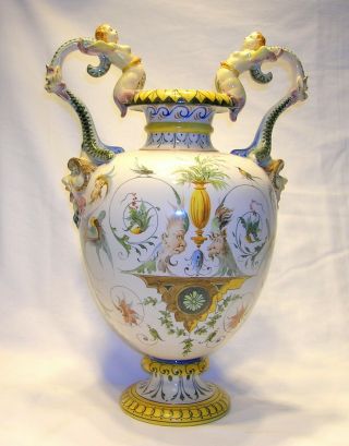Antique Ginori Maiolica Potter 16 " Vase W/superb Decoration - Signed -