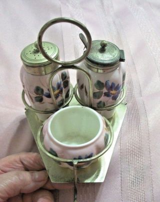 Antique Porcelain Salt Pepper & Jam Jar Condiment Set Epns Silver Plate Holder