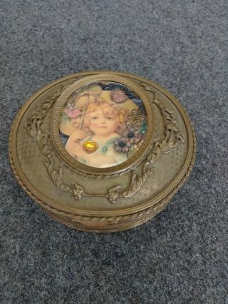 Antique Late 19th C Round Cast Relief Brass Box Victorian Card Pin