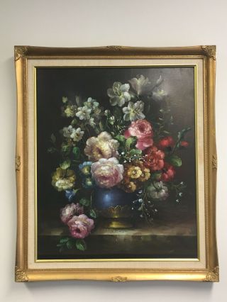 Floral Painting By Lawson In Gold Wooden Frame 20” X 23 7/8 Inch