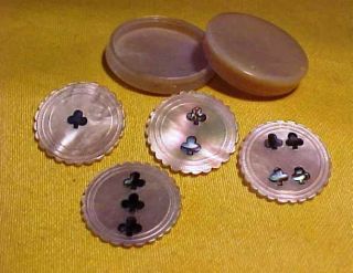Antique Victorian Mother Pearl Inlaid Whist Counters In Screw Top Mop Container