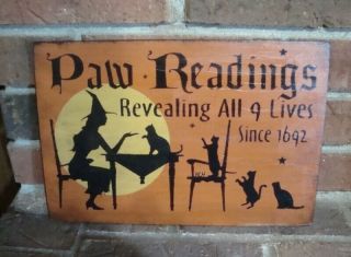 Primitive Halloween “the Paw Reading” Sign Handpainted Bittersweet Orange