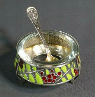 Russian Silver&cloisonne Enamel Open Salt Dip Bowl Dish Mustard Caviar Pot&spoon