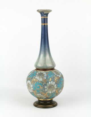 Repaired Antique 30cm DOULTON LAMBETH Slaters Patent Vase Blue Gold 1893 Signed 3