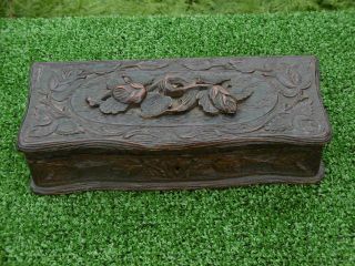 19thc BLACK FOREST OAK CARVED BOX WITH FLOWERS & LEAF DECOR ON TOP C.  1870 2