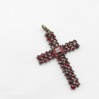 Antique Solid Silver Gold Gilt Victorian Georgian Garnet Ruby Set Cross Pendant