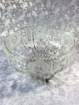 Large Vintage/ Antique Footed Crystal Bowl In Cut/ Pressed Glass & Sawtooth Edge