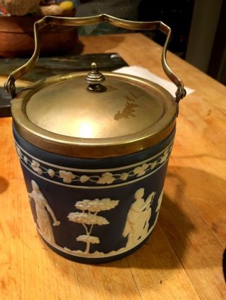 Antique Wedgwood Dudson Dark Blue Dip Jasperware Silver Plate Lid Biscuit Jar