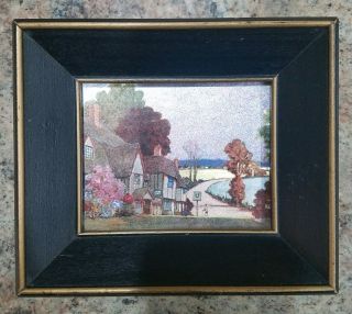 Vintage Small Wood Framed Photo Summer Scenery Homes Flowers Trees People