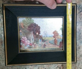 Vintage Small wood framed photo summer scenery homes flowers trees people 3