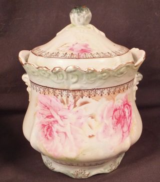 Rare Moriage Hand Painted Nippon Biscuit Jar 5 1/4 " Lush Roses
