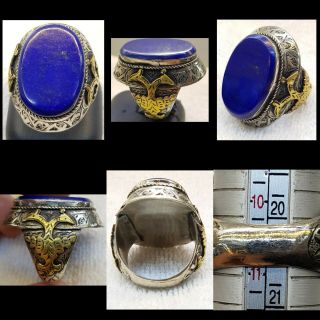 Huge Lapis Lazuli Stone Wonderful Old Antique Silver Ring With Gold Plated Work