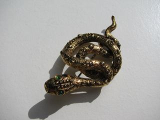 Vtg.  Coil Rattle Snake Antiqued Brass Tone Metal Green Stone Eyes Figural Brooch
