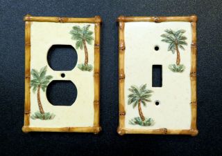 2 Vintage Hand Painted Porcelain Bamboo & Palm Trees Switch Plate Wall Covers