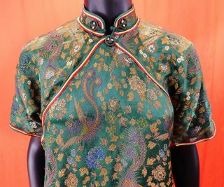 Antique Chinese Qipao Cheongsam Green Brocade Phoenix Fenghuang Banner Dress Vtg 2