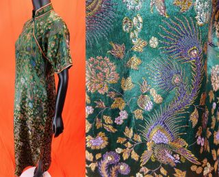 Antique Chinese Qipao Cheongsam Green Brocade Phoenix Fenghuang Banner Dress Vtg 3