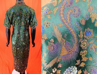 Antique Chinese Qipao Cheongsam Green Brocade Phoenix Fenghuang Banner Dress Vtg 4