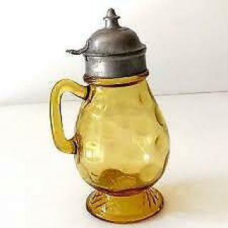 Antique Victorian Amber Glass Syrup Pitcher Hinged Lid