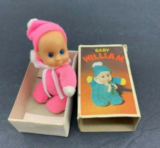 Miniature 3 " Vintage Matchbox Doll Baby William Pink Sleeper Beanie Match Box