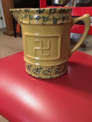 Rare Antique Pitcher Indian Swastika Folk Art Country Kitchen Stoneware Pottery