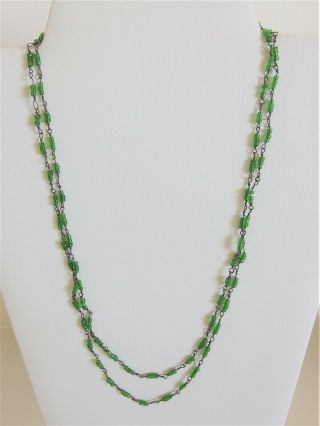 Antique 1920 ' s Long Delicate Green Glass Barrel Bead Flapper Necklace 2