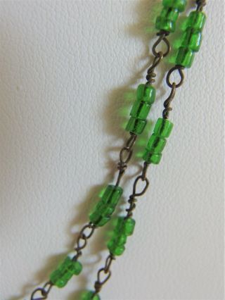 Antique 1920 ' s Long Delicate Green Glass Barrel Bead Flapper Necklace 3